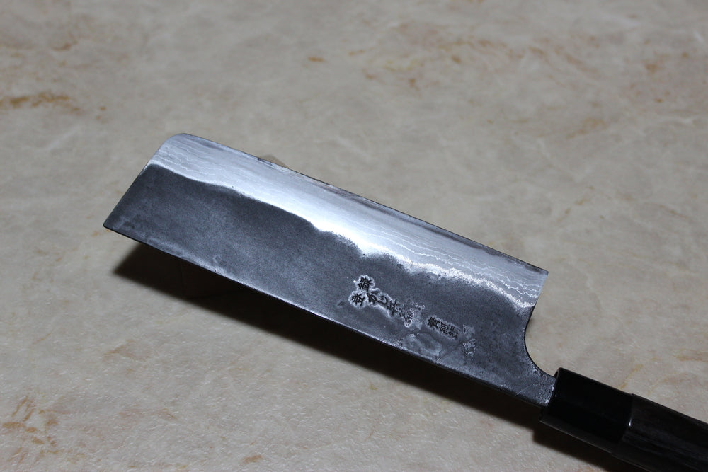 Kajibee Kurouchi Damascus Blue steel 2 core Nakiri knife 165 mm burnt chestnut handle USA