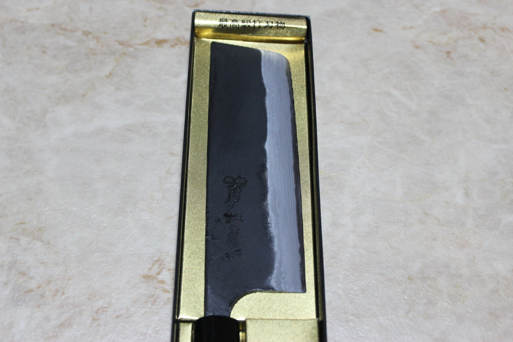 Kajibee Kurouchi Damascus Blue steel 2 core Nakiri knife 165 mm burnt chestnut handle USA