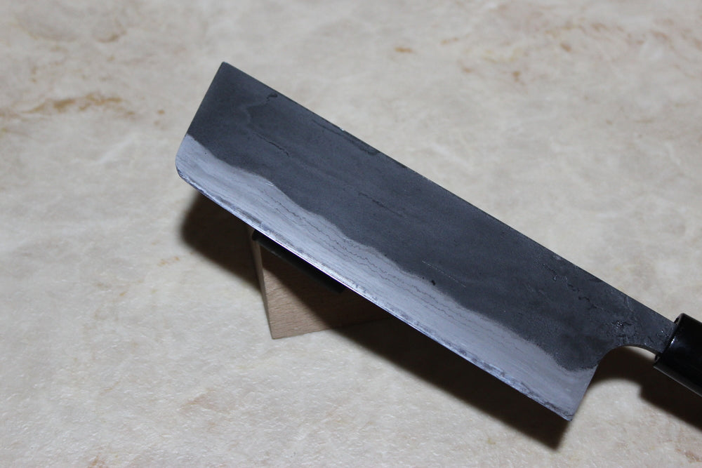 Kajibee Kurouchi Damascus Blue steel 2 core Nakiri knife 165 mm burnt chestnut handle USA