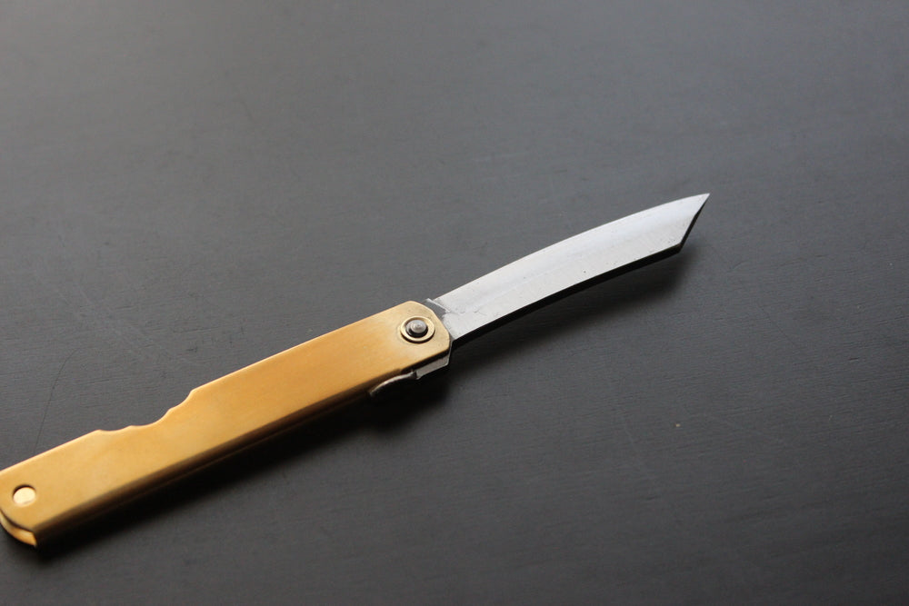 Higonokami Folding Knife Aogami warikomi Large 75 mm Mitsuo Saku brass handle