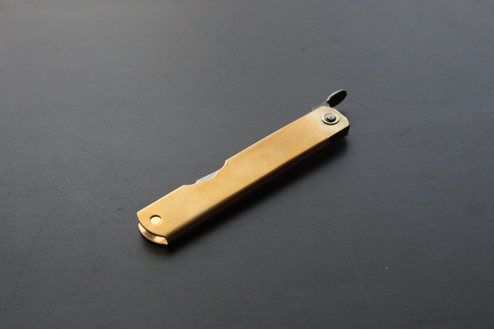 Higonokami folding knife Aogami Warikomi 75 mm Mitsuo Saku brass handle US stock