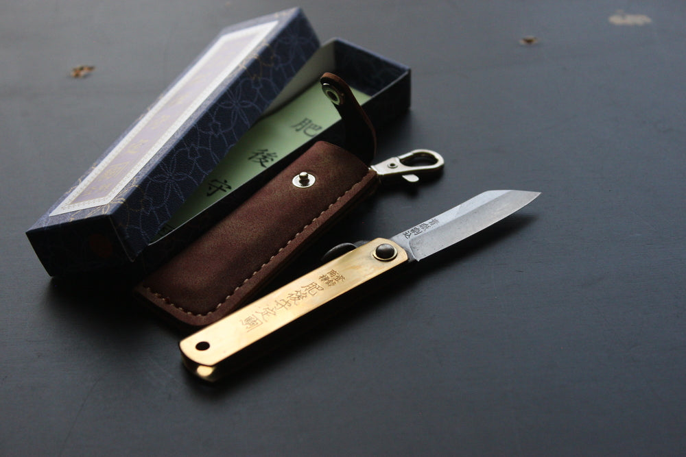 Higonokami folding knife Aogami warikomi pocket size 50mm with brown holder US stock