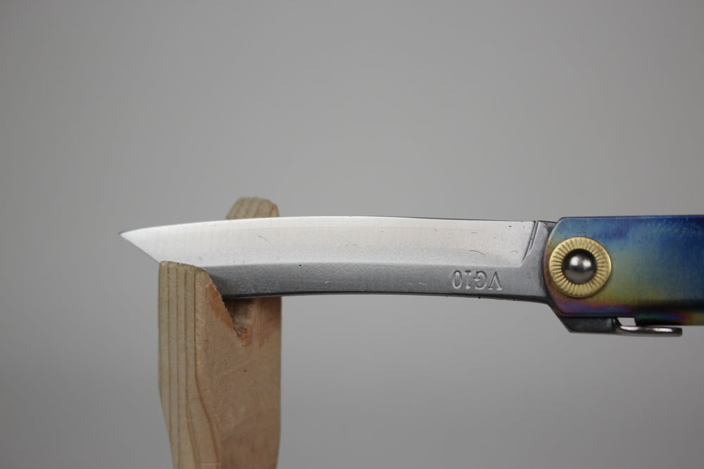 Higonokami Japanese pocket knife VG-10 steel blade titanium rainbow handle