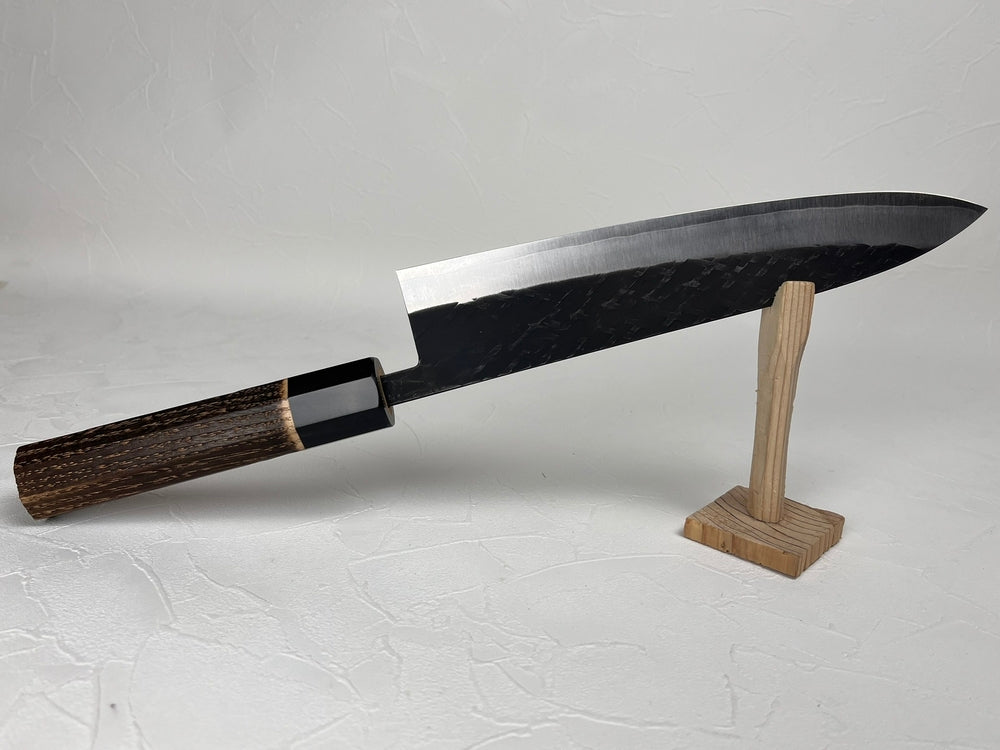 Ohishi Tadafusa SLD X hammered tsuchime Kurouchi Gyuto 210 mm burnt chestnut octagon handle