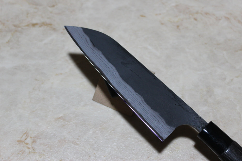 Kajibee Kurouchi Damascus Blue steel 2 core Santoku knife 165 mm burnt chestnut handle USA