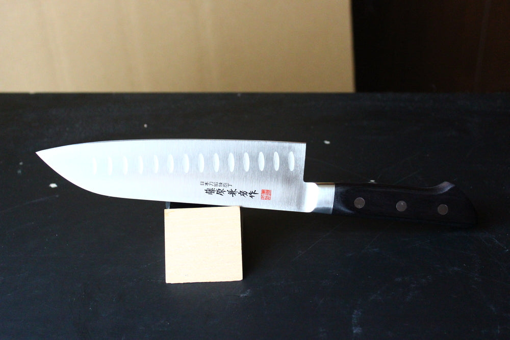 Fujiwara kanefusa 180 mm Molybdenum steel dimple Santoku knife Black Handle US stock