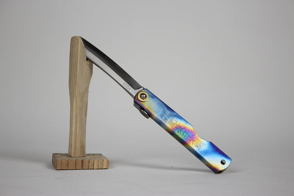 Higonokami Japanese pocket knife VG-10 steel blade titanium rainbow handle