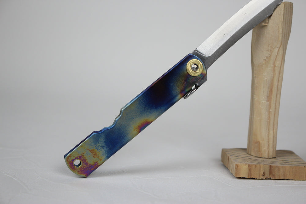 Higonokami Japanese pocket knife VG-10 steel blade titanium rainbow handle