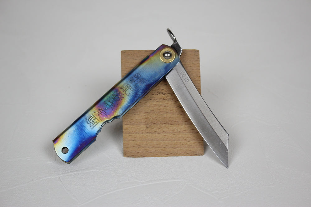 Higonokami Japanese pocket knife VG-10 steel blade titanium rainbow handle