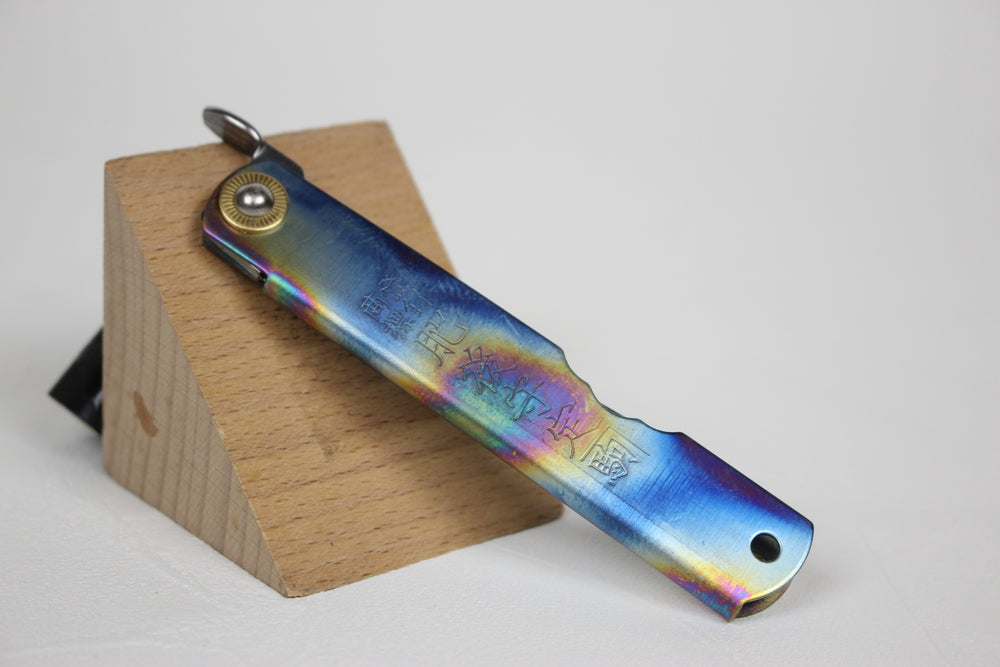 Higonokami Japanese pocket knife VG-10 steel blade titanium rainbow handle