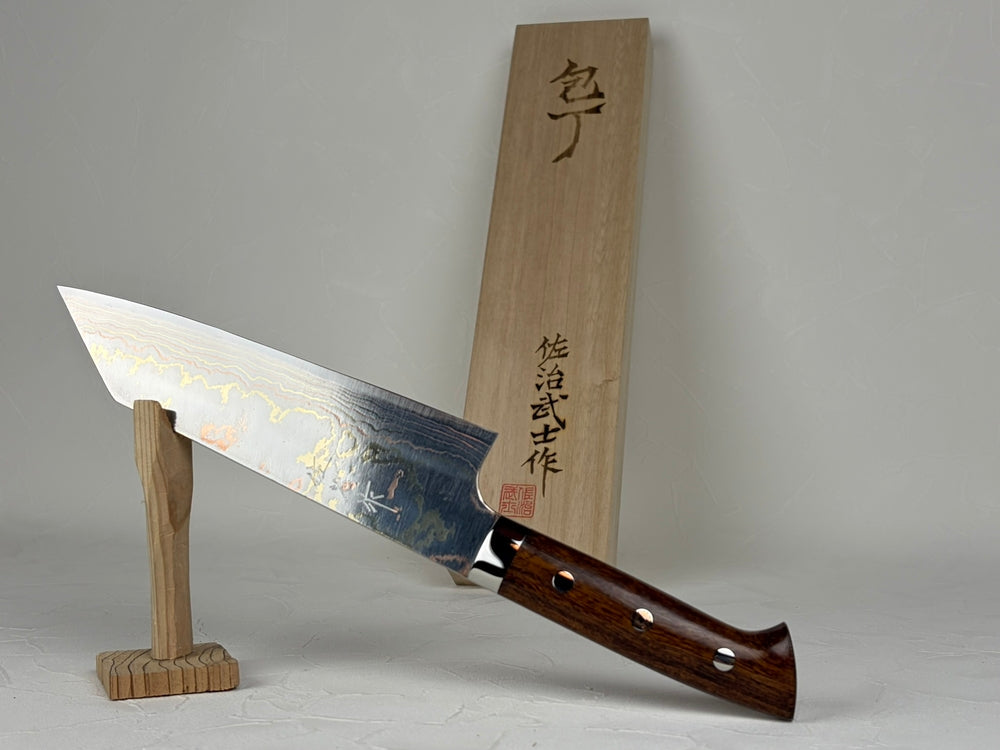 Takeshi Saji Blue 2 core Rainbow Damascus Bunka knife 180mm Ironwood Handle