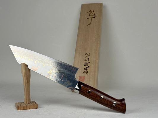 Takeshi Saji Blue 2 core Rainbow Damascus Bunka knife 180mm Ironwood Handle