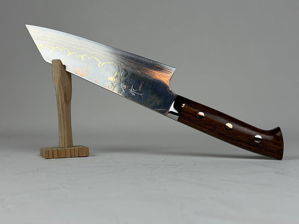 Takeshi Saji Blue 2 core Rainbow Damascus Bunka knife 180mm Ironwood Handle