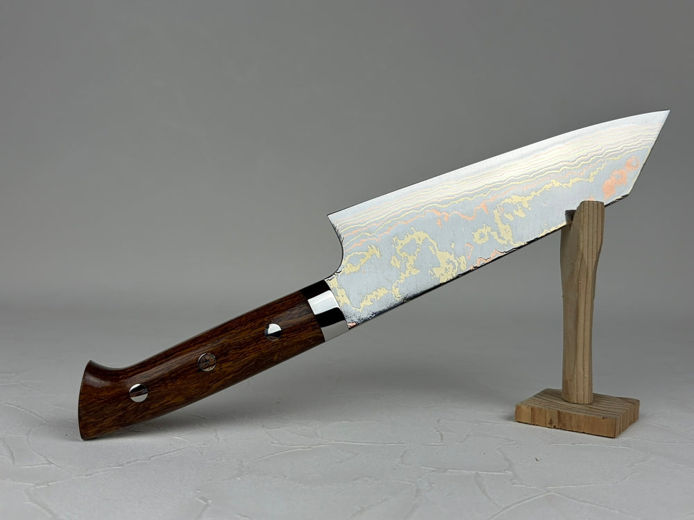 Takeshi Saji Blue 2 core Rainbow Damascus Bunka knife 180mm Ironwood Handle