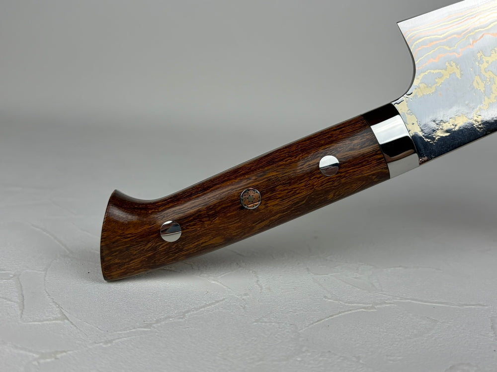 Takeshi Saji Blue 2 core Rainbow Damascus Bunka knife 180mm Ironwood Handle