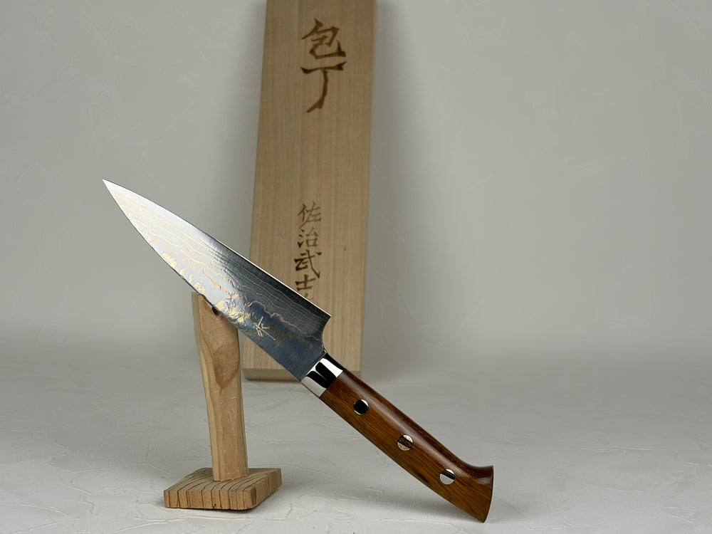 Takeshi Saji Blue 2 core Rainbow Damascus Petty knife 135mm Ironwood Handle