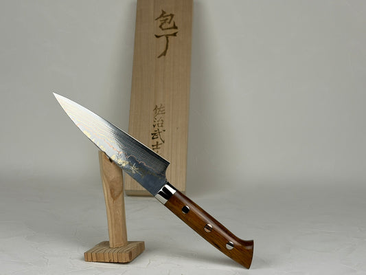 Takeshi Saji Blue 2 core Rainbow Damascus Petty knife 135mm Ironwood Handle