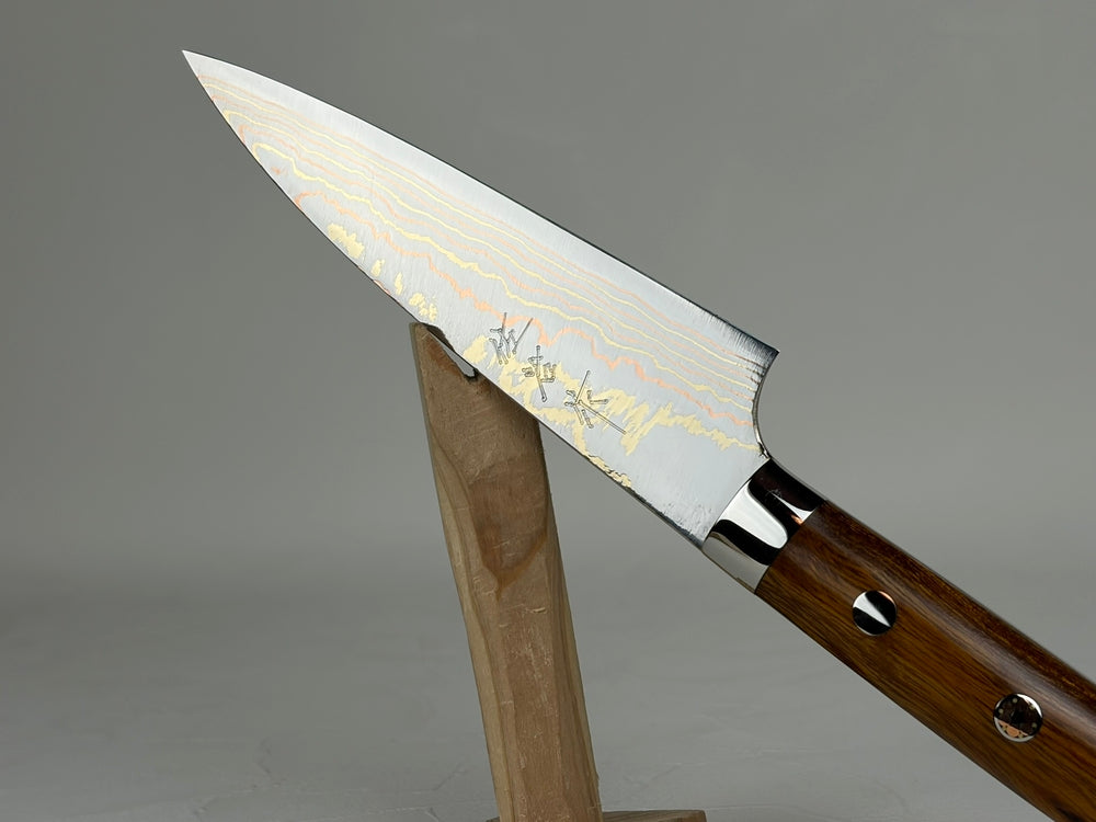 Takeshi Saji Blue 2 core Rainbow Damascus Petty knife 135mm Ironwood Handle