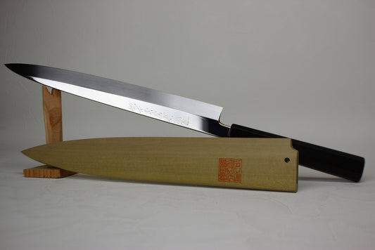 Goh Yoshihiro White 1 Mizu-Honyaki Yanagiba knife 270 mm ripple mirror polished Ebony handle