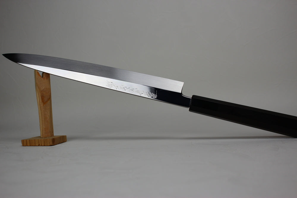 Goh Yoshihiro White 1 Mizu-Honyaki Yanagiba knife 270 mm ripple mirror polished Ebony handle