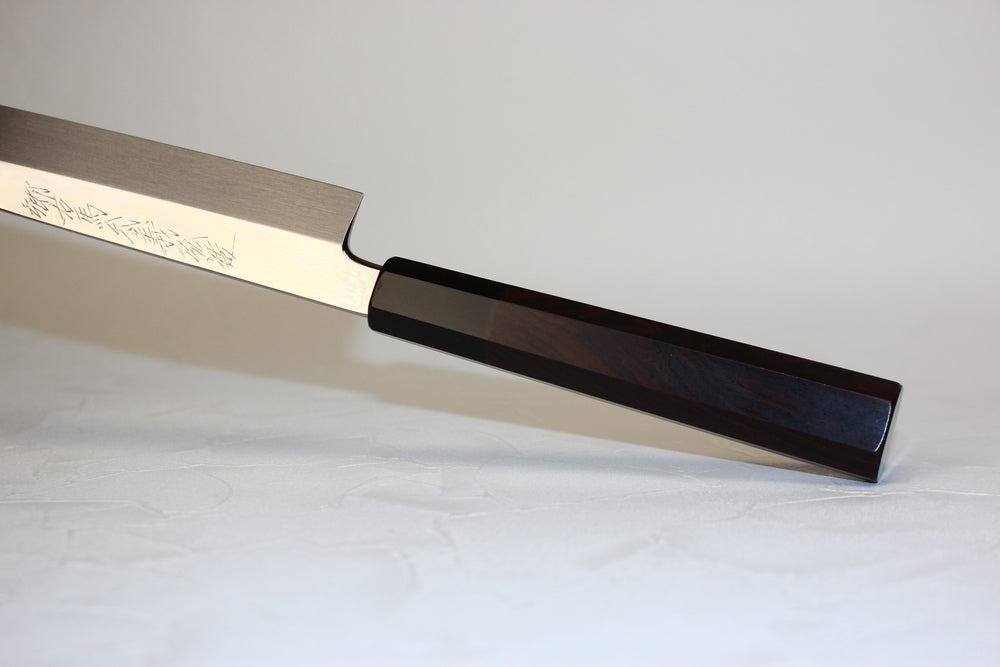 Goh Yoshihiro White 1 Mizu-Honyaki Yanagiba knife 270 mm ripple mirror polished Ebony handle