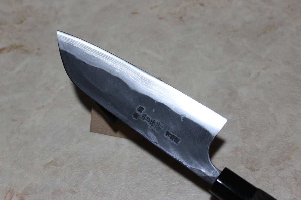 Kajibee Kurouchi Damascus Blue steel 2 core Santoku knife 165 mm burnt chestnut handle